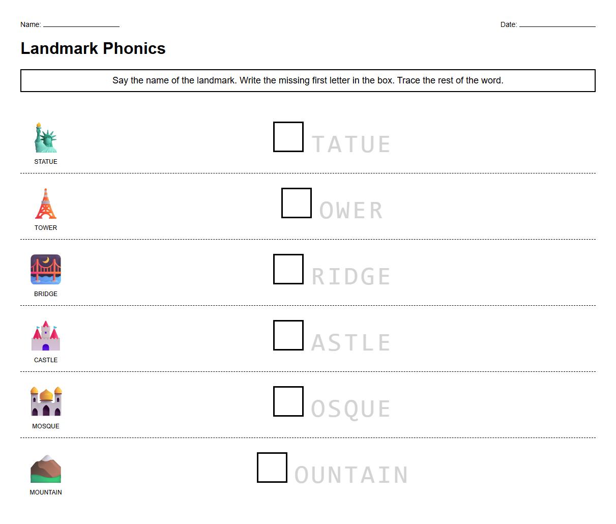 Landmark Vocabulary Phonics Practice Sheet