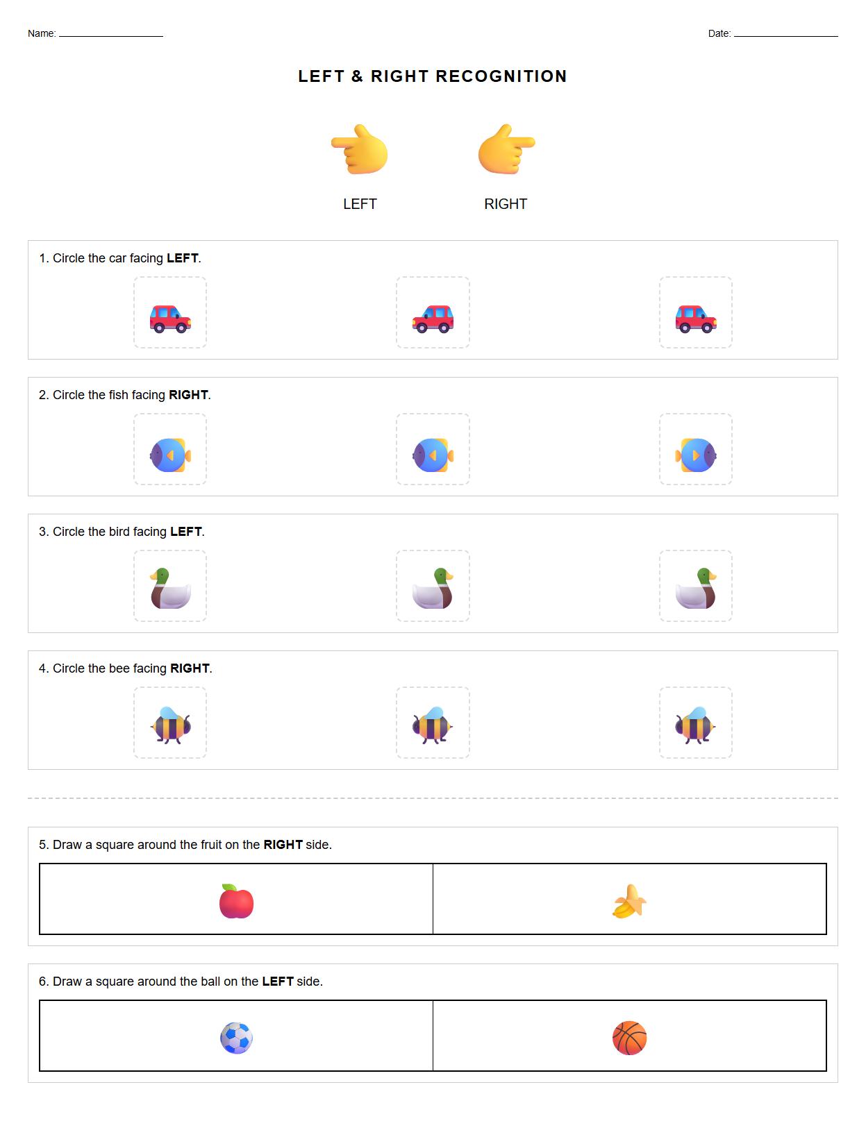 Left Right Spatial Recognition Worksheet