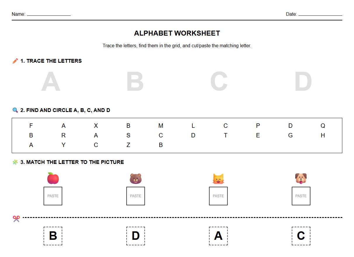 Letter Find Tracing with Cut Out Alphabet Matching Worksheet