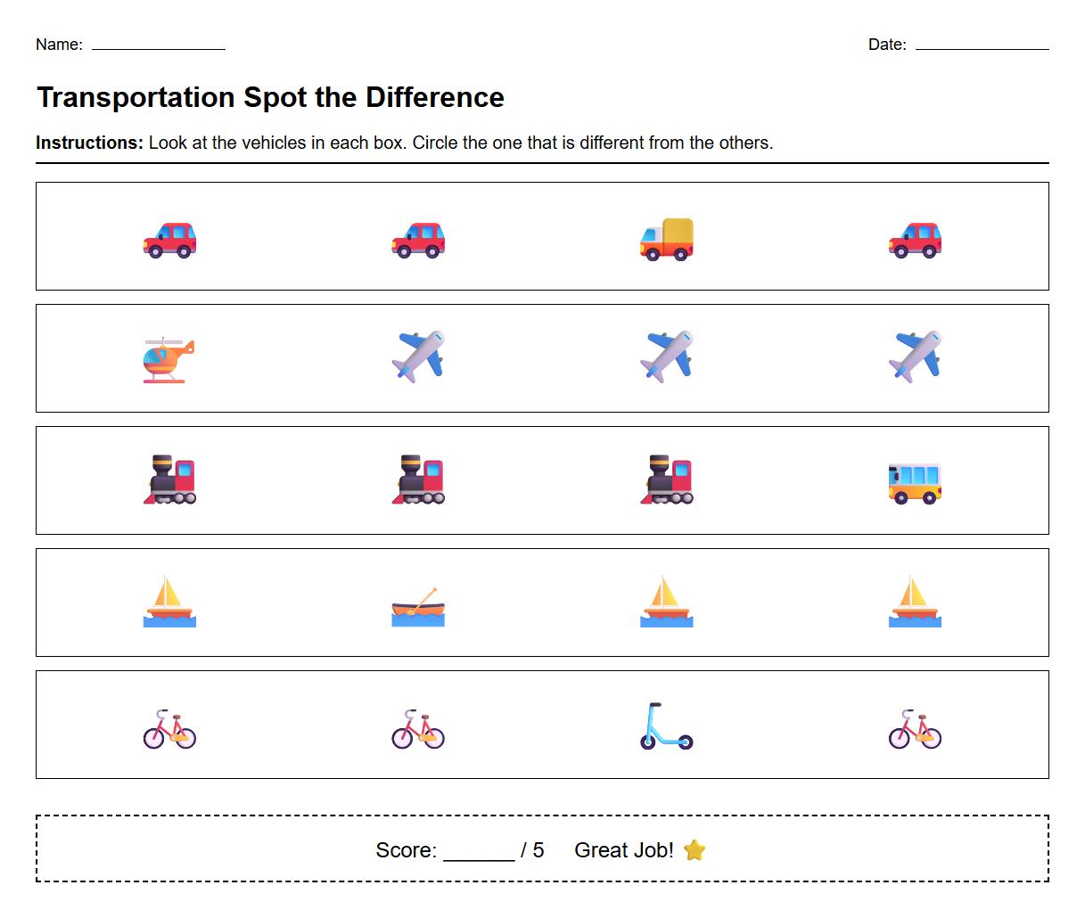 Logical reasoning worksheet using transportation themed Spot the Difference