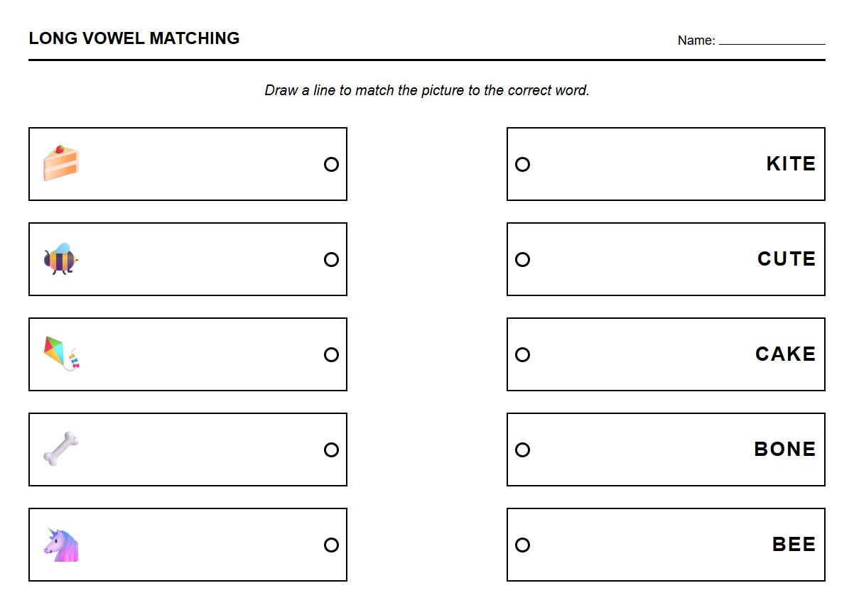 Long vowel sound and picture matching phonics exercise