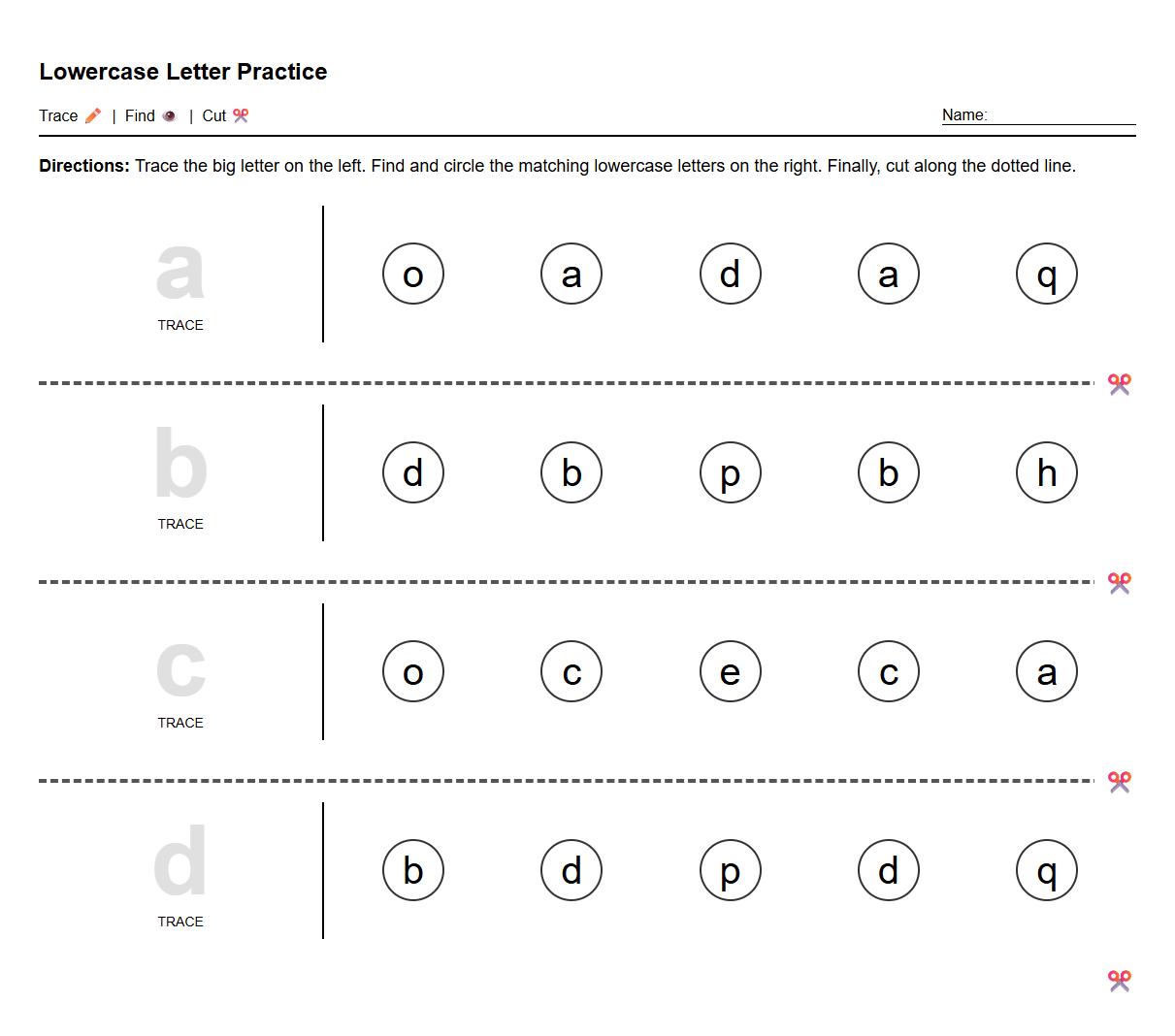 Lowercase Letter Recognition Trace and Cut Practice Sheet
