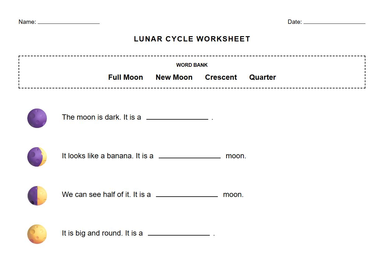 Lunar Cycle Fill in the Blanks Worksheet