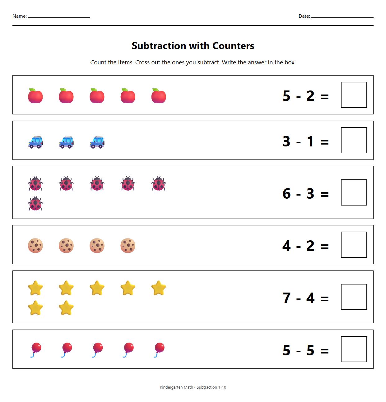 Manipulative Based Subtraction with Counters Worksheet