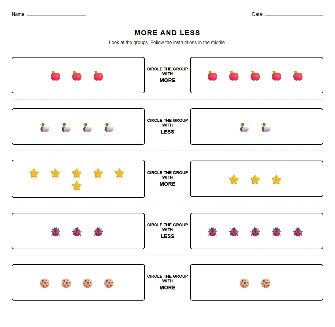Match Groups with More and Less Worksheet