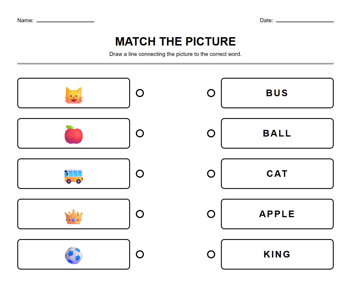 Matching Images to Text Sequence Worksheet with Basic Vocabulary