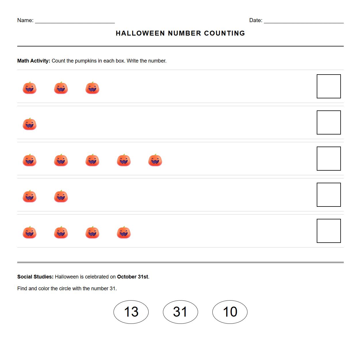 Math Counting Worksheet with Halloween Pumpkin Symbols using Number Recognition