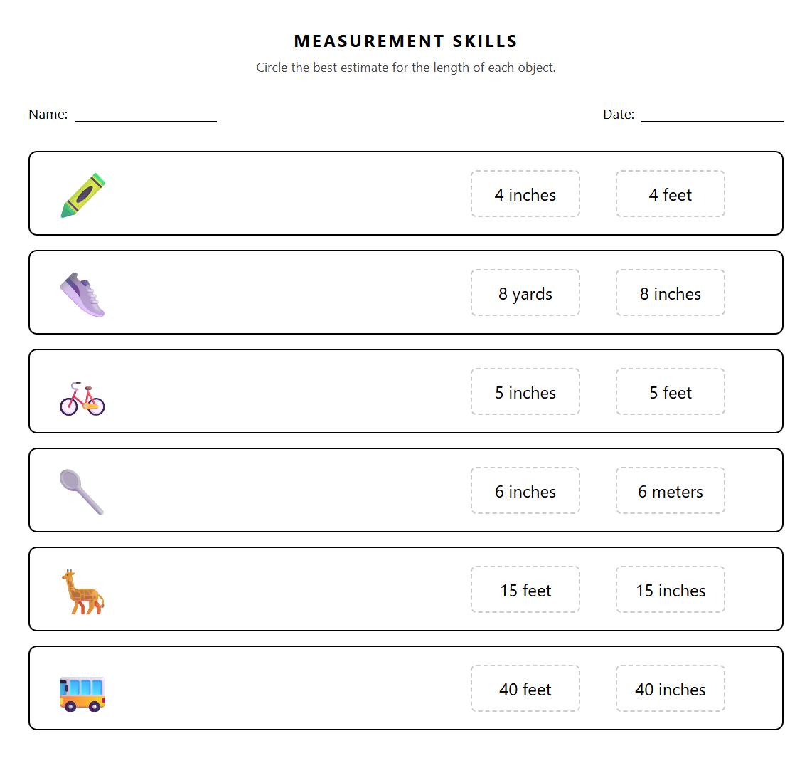 Measurement Skills Estimating Length in Everyday Objects Worksheet