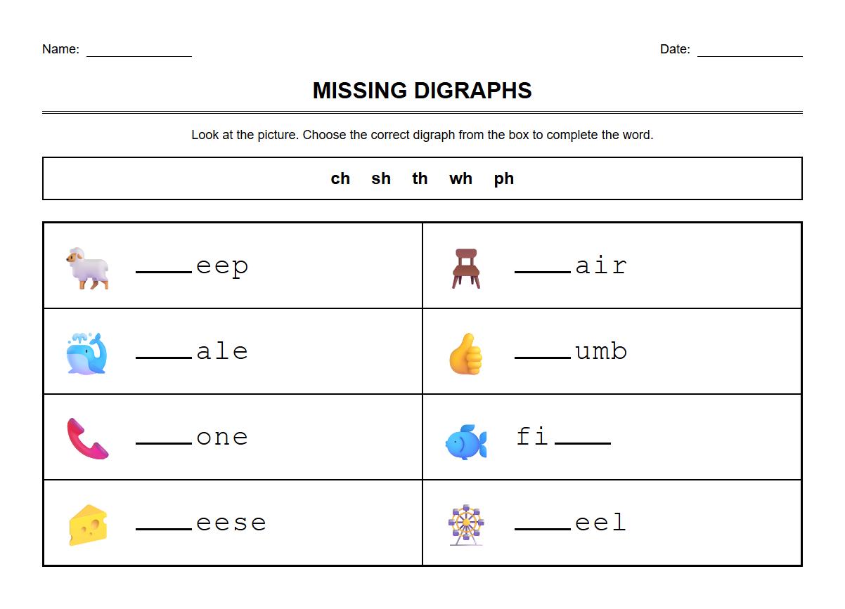 Missing Digraphs Fill in the Blank Worksheet