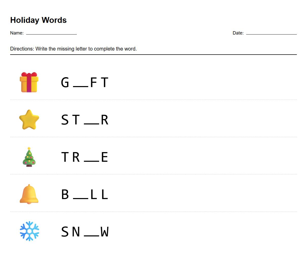 Missing letter fill-in with holiday words like gift, star, and tree