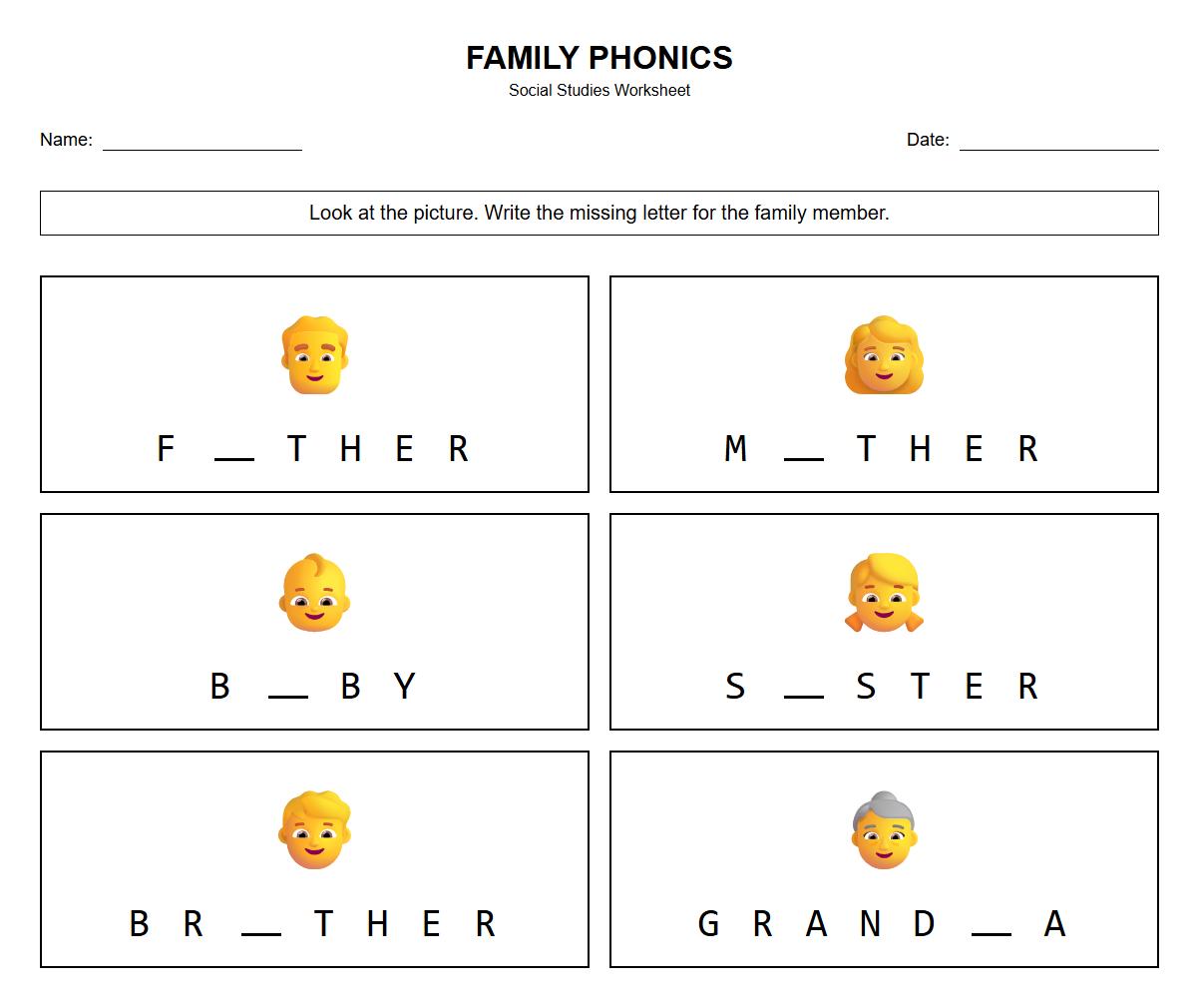 Missing Letter Phonics Worksheet for Family Member Names