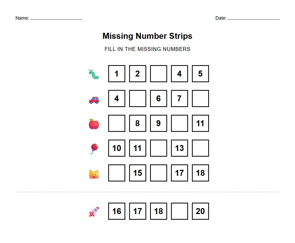 Missing Number Fill In Strips to Reinforce Number Sequence