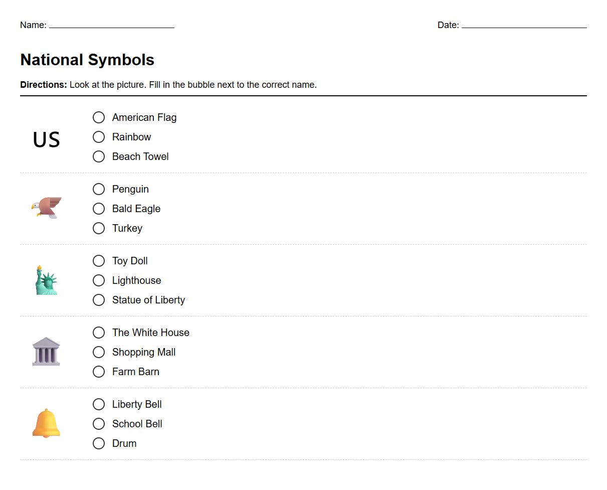Multiple Choice National Symbols Word Association Worksheet