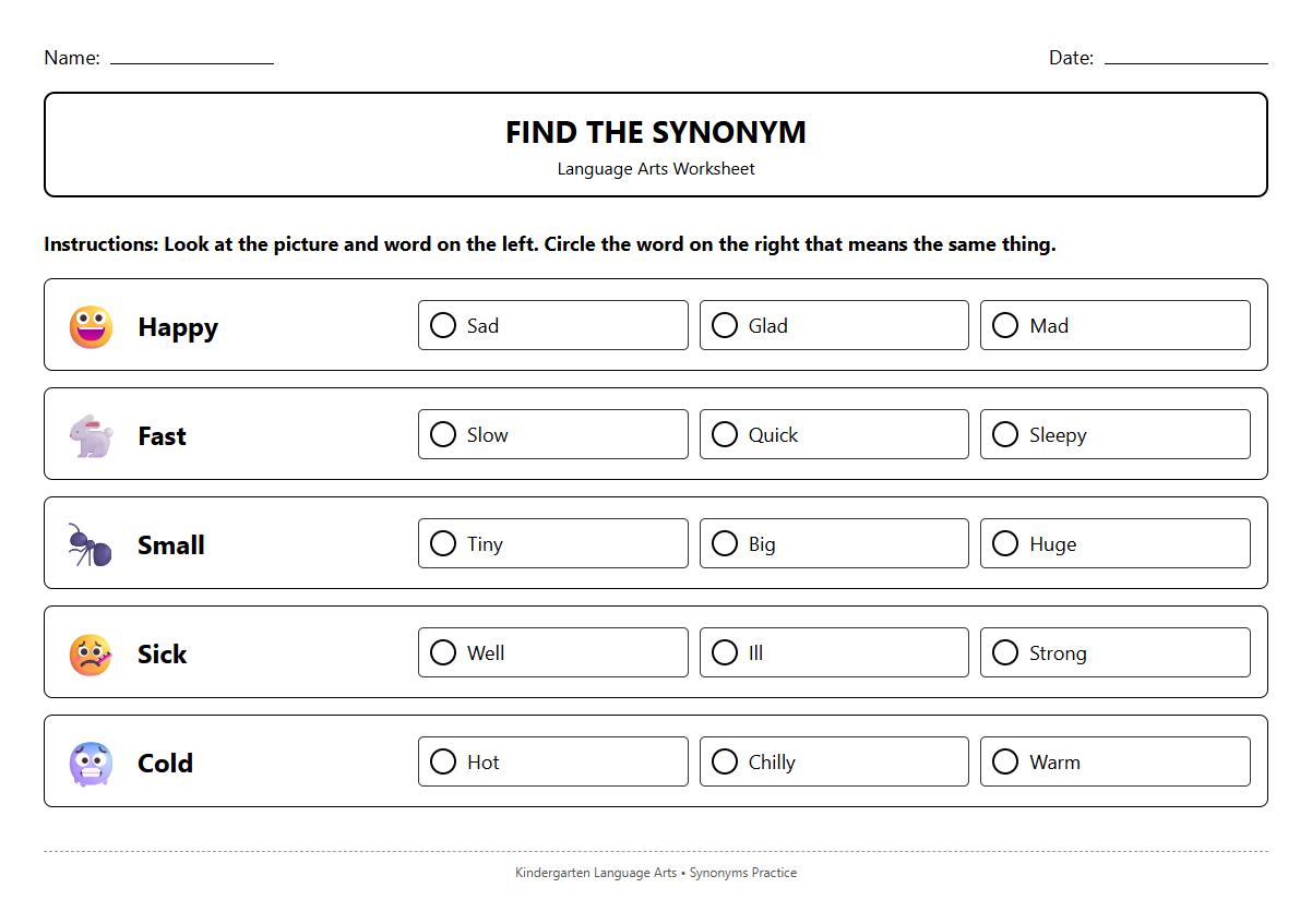 Multiple Choice Synonyms Recognition Worksheet