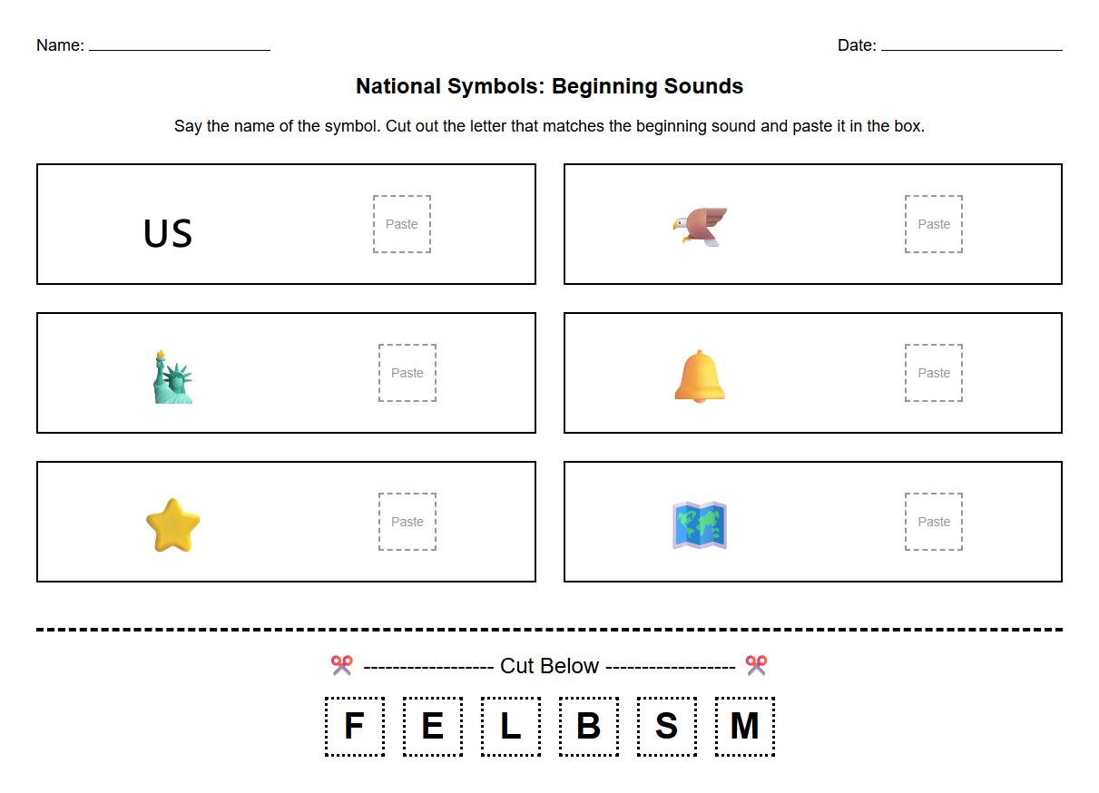 National Symbols Beginning Letter Sound Cut and Paste Activity