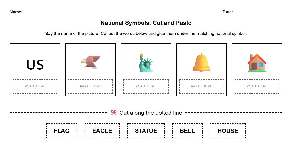National Symbols Phonics Matching Cut and Paste Worksheet