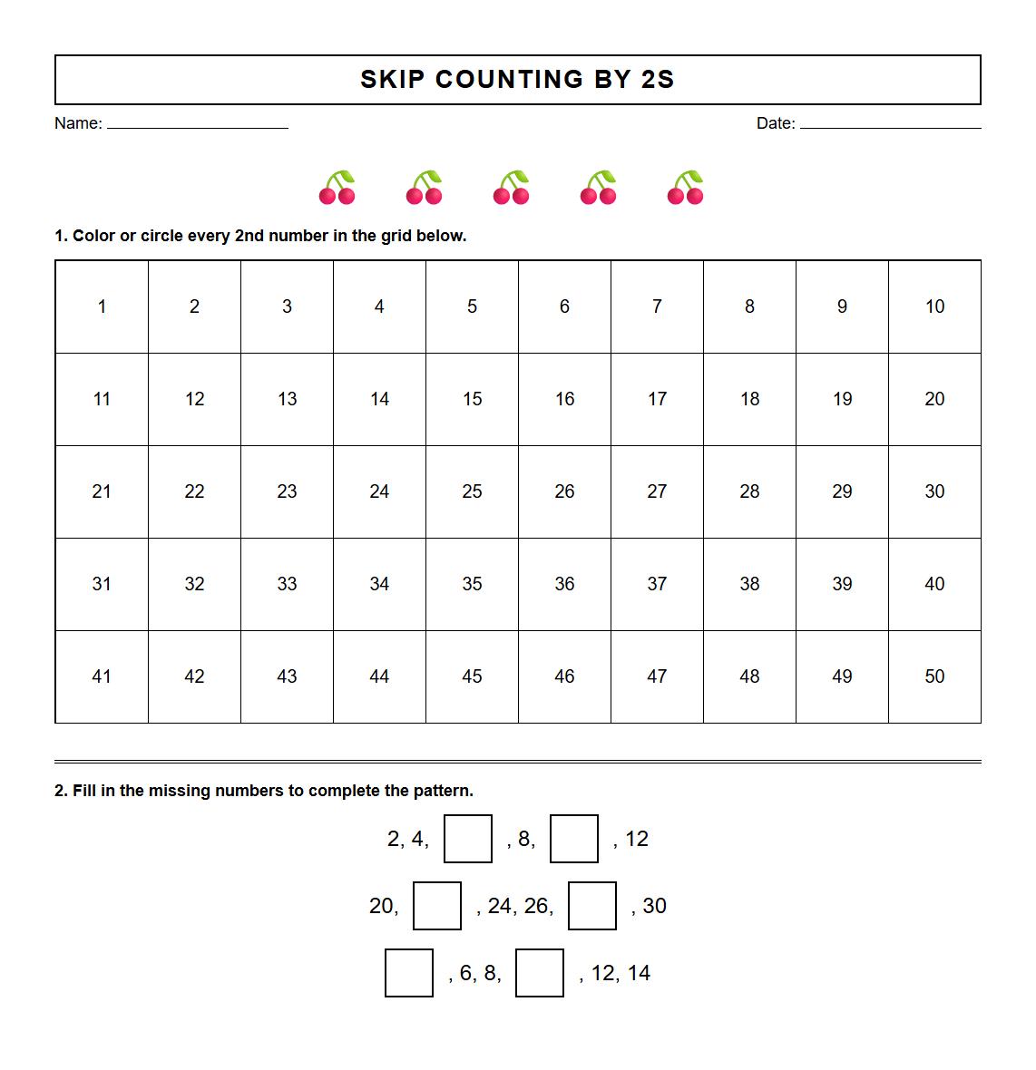 Number Grid Activity for Skip Counting by 2s