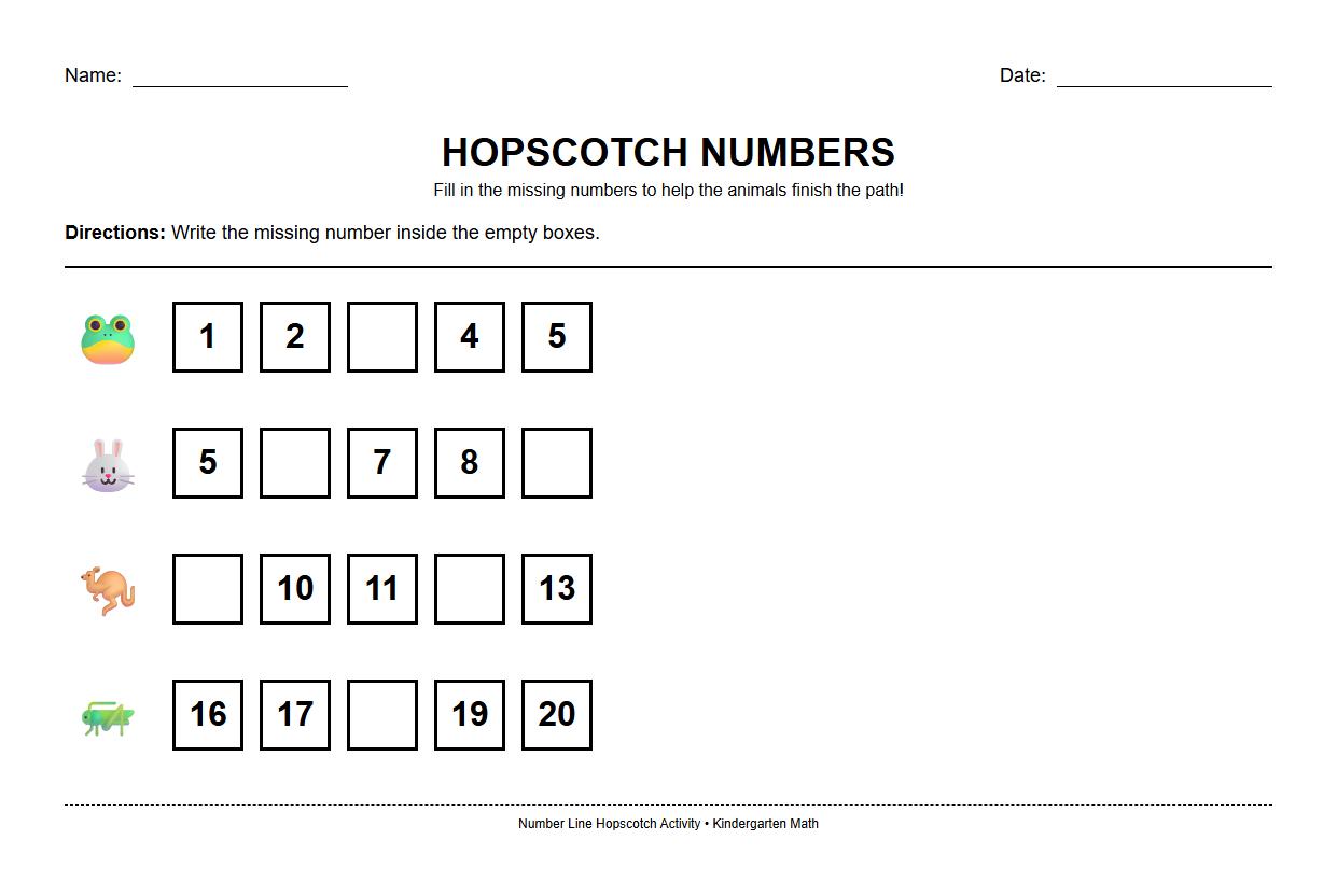 Number Line Hopscotch Worksheet for Sequential Learning