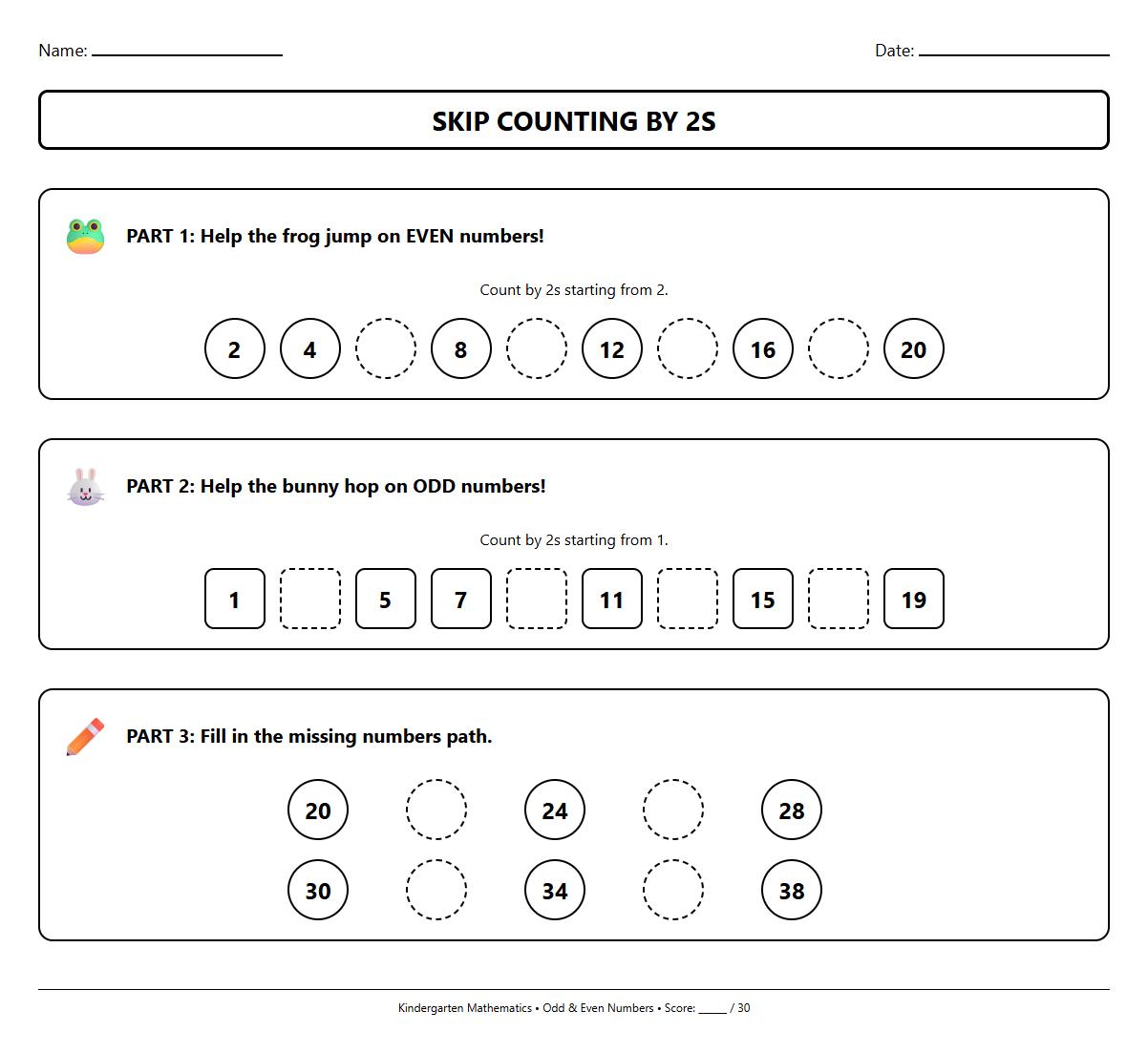 Odd and Even Numbers Skip Counting by 2s Worksheet