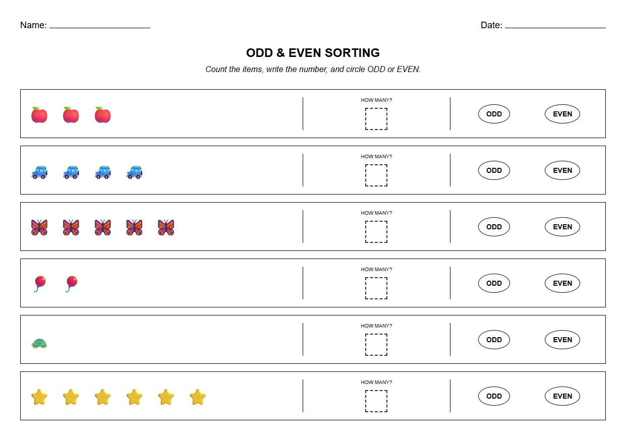 Odd and Even Quantities Sorting Worksheet