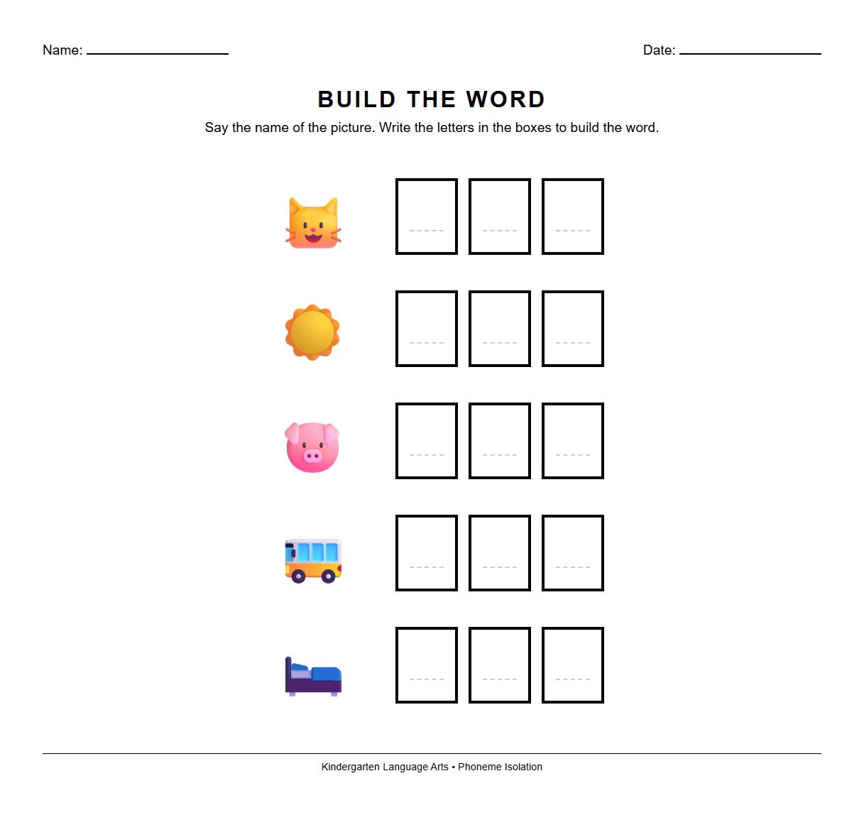 Phoneme Isolation Word Building Worksheet