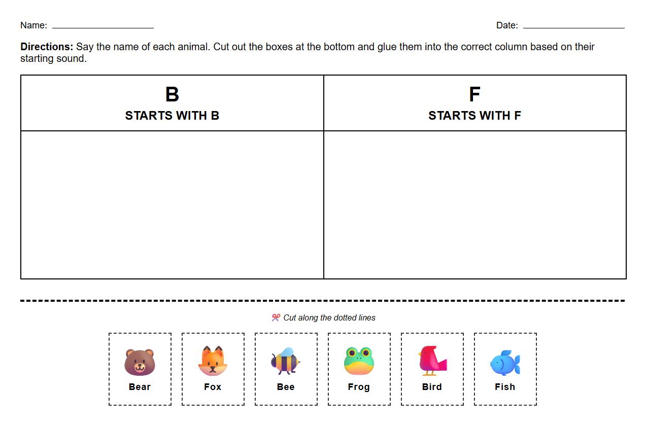 Phonics based Animal Names Sorting Worksheet