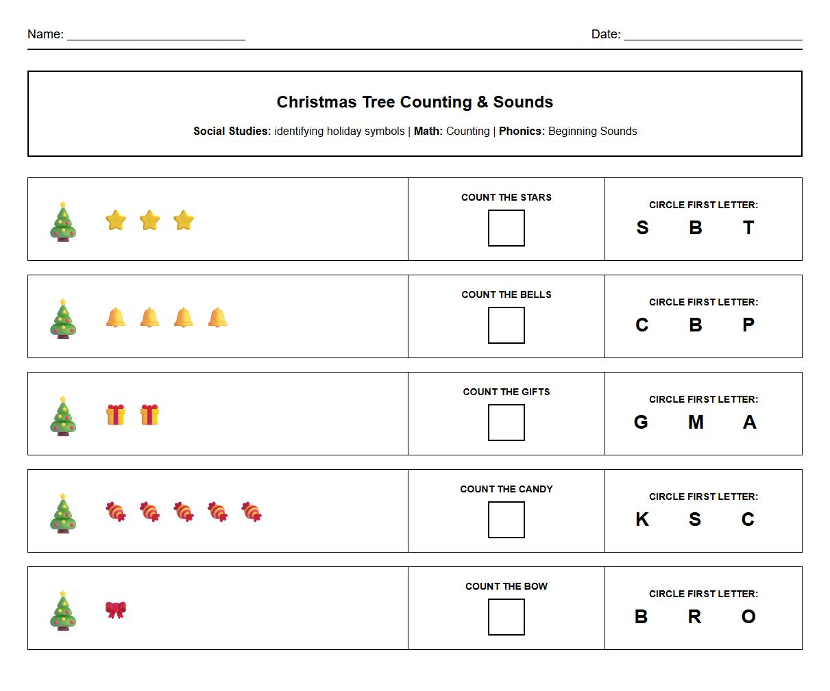 Phonics based Math Counting Worksheet with Christmas Tree Symbols