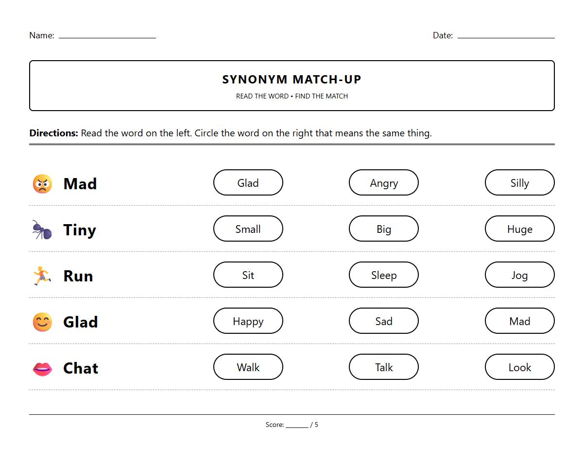 Phonics Based Synonym Identification Worksheet