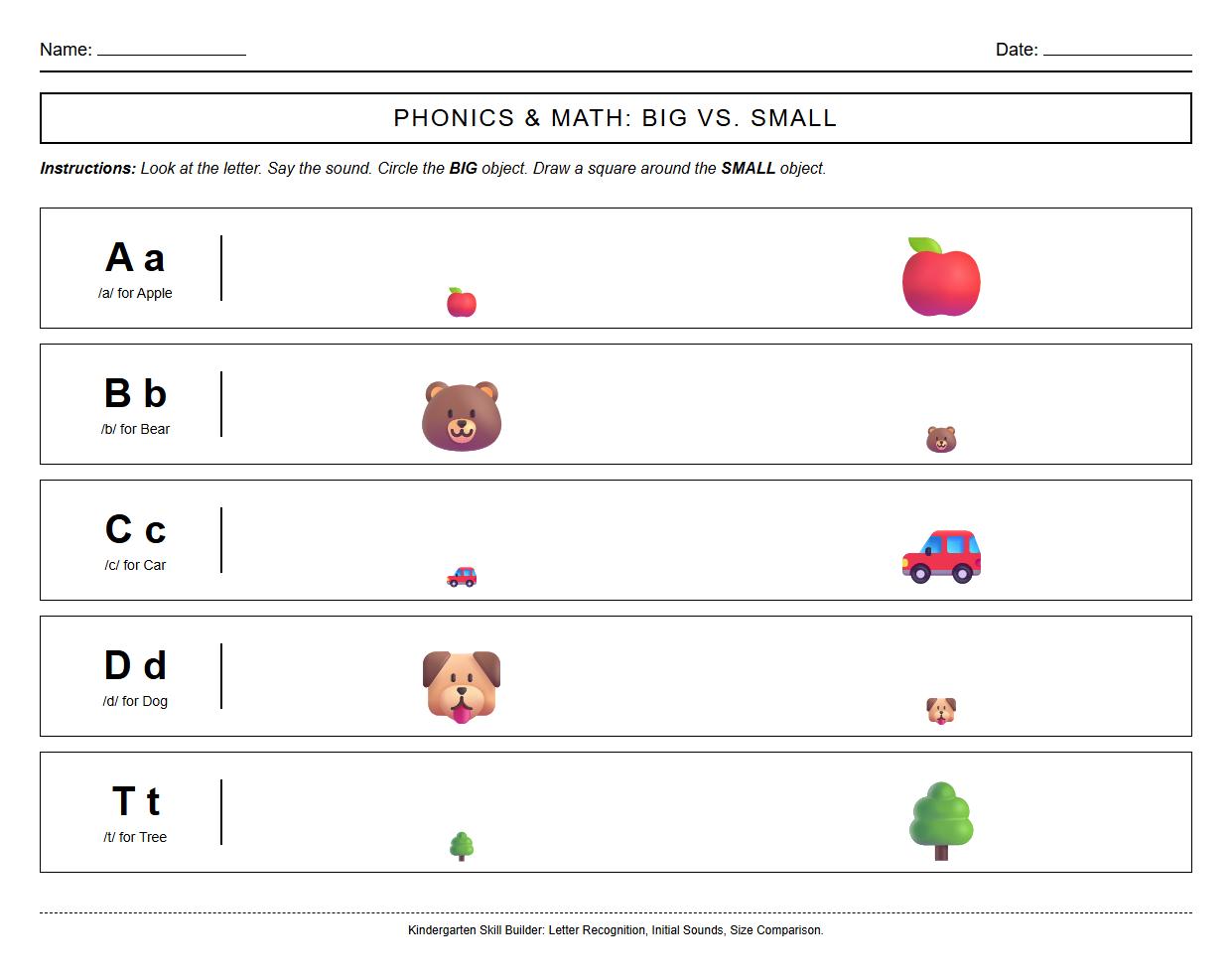 Phonics-Based Worksheet: Identify and color big and small objects by initial sound