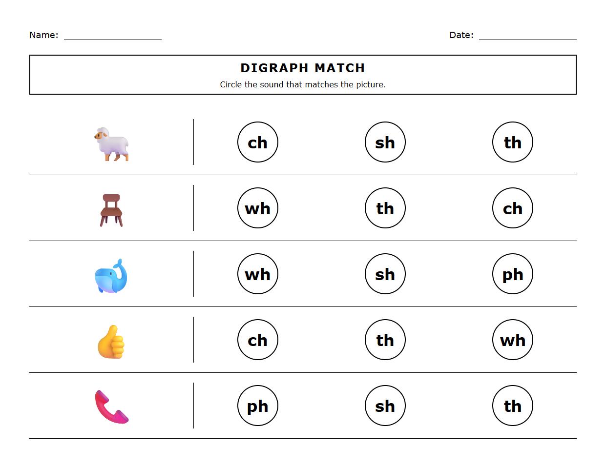 Phonics Digraphs Matching Worksheet
