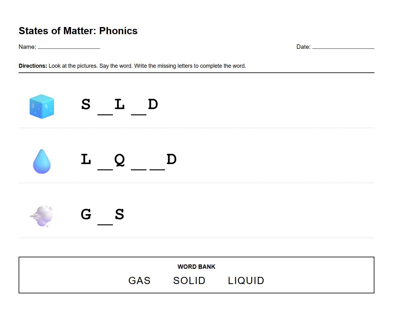Phonics Fill in the Blanks for States of Matter Vocabulary
