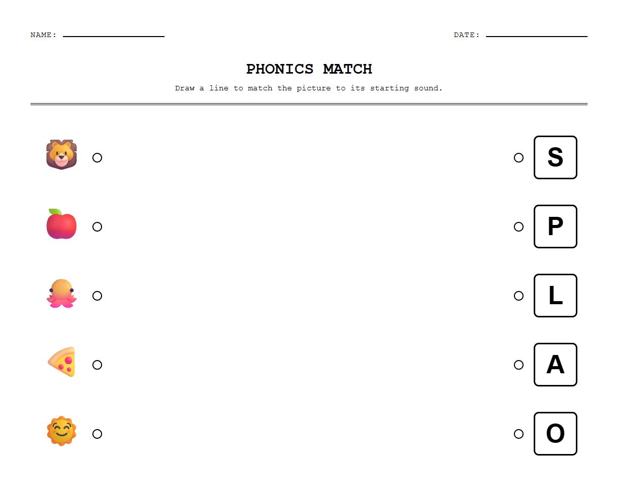 Phonics initial sound matching worksheet