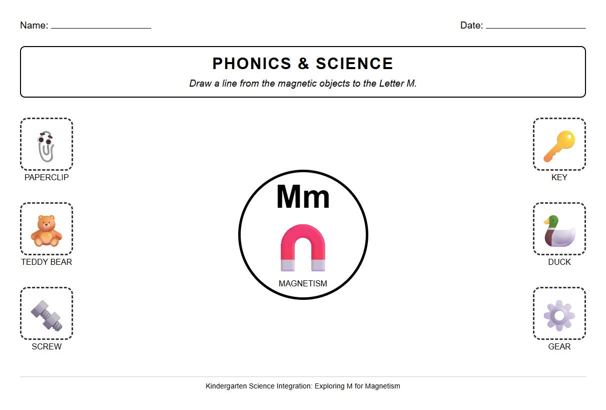 Phonics integration worksheet matching objects to M for magnetism