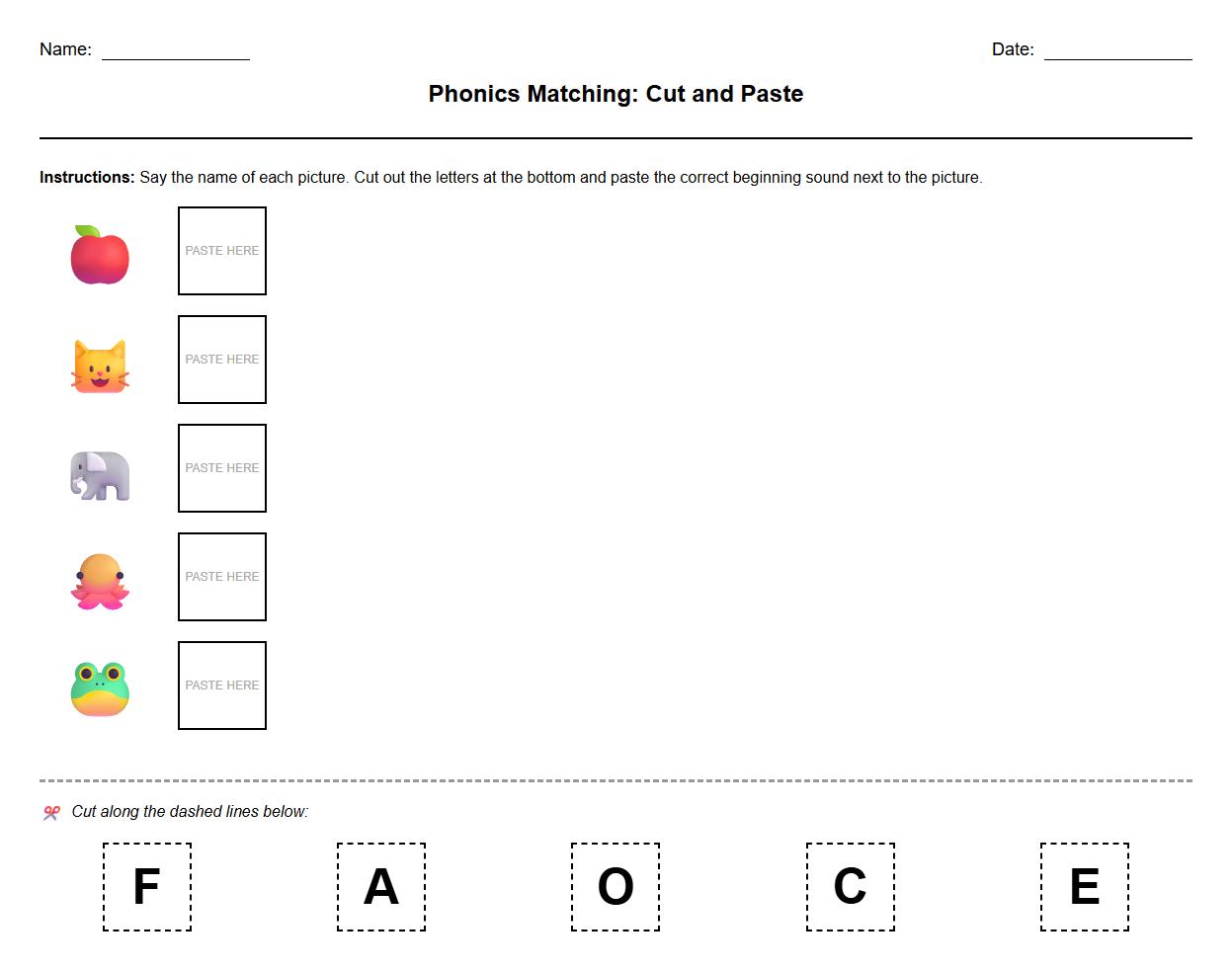 Phonics Letter Matching Cut and Paste Worksheet