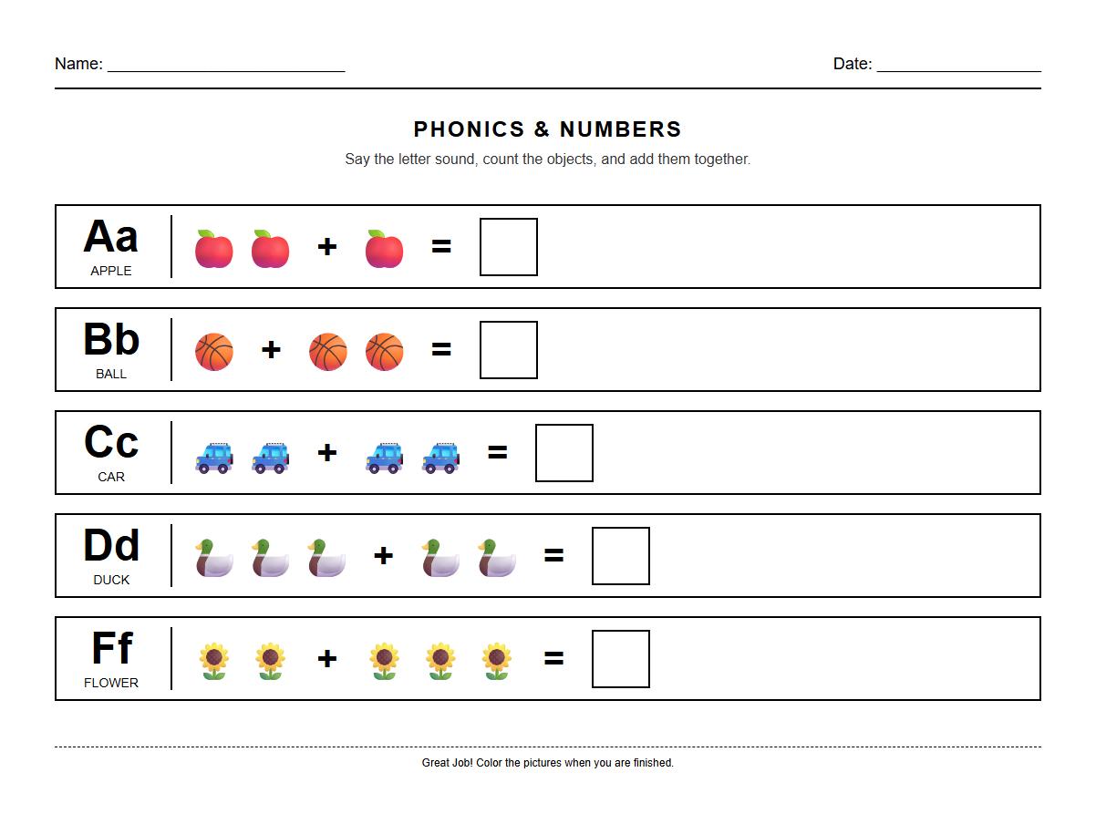 Phonics and Numbers Cross-Addition Worksheet