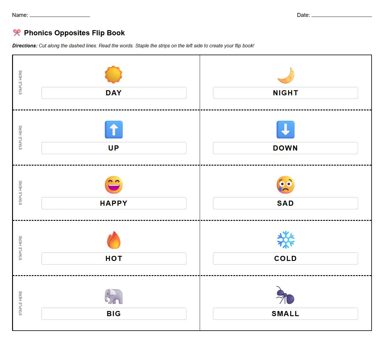 Phonics Opposites Flip Book Activity Sheet