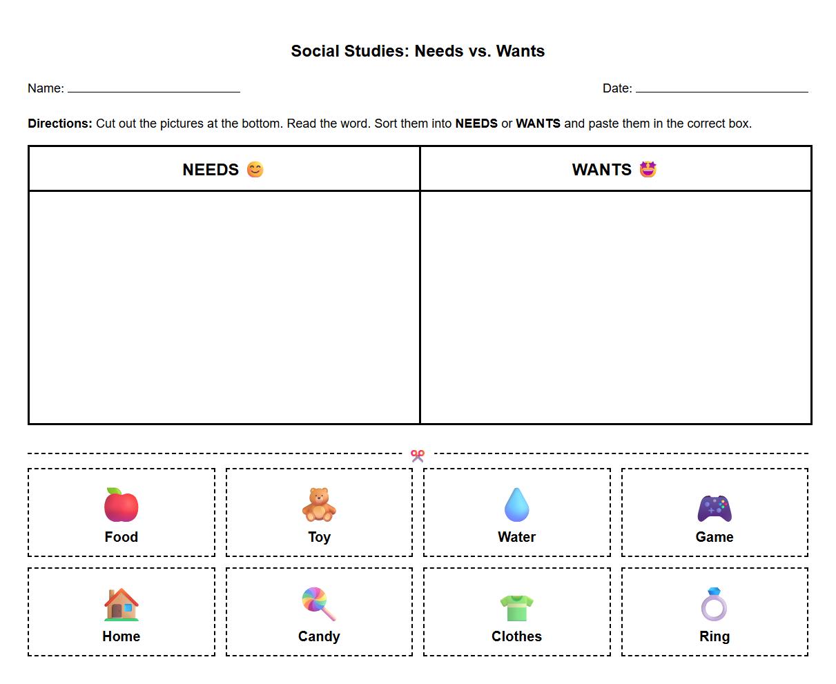 Phonics Picture Sorting Needs vs Wants Worksheet