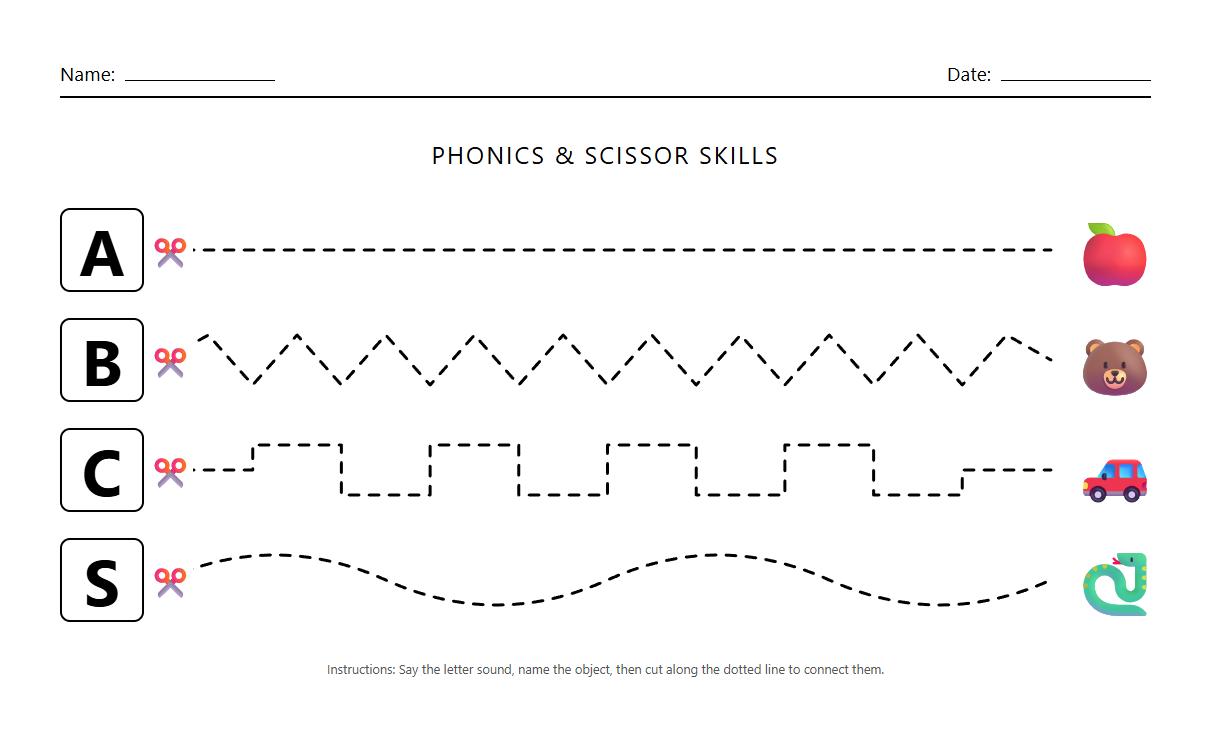 Phonics Scissor Cutting Tracing Lines Worksheet