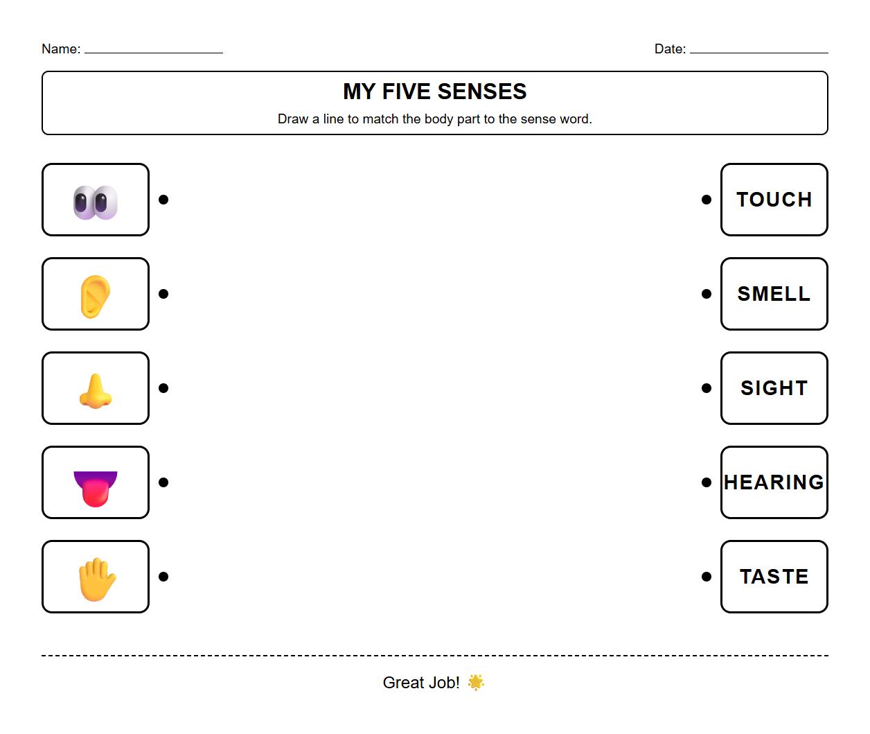 Phonics and Vocabulary Matching Five Senses Worksheet