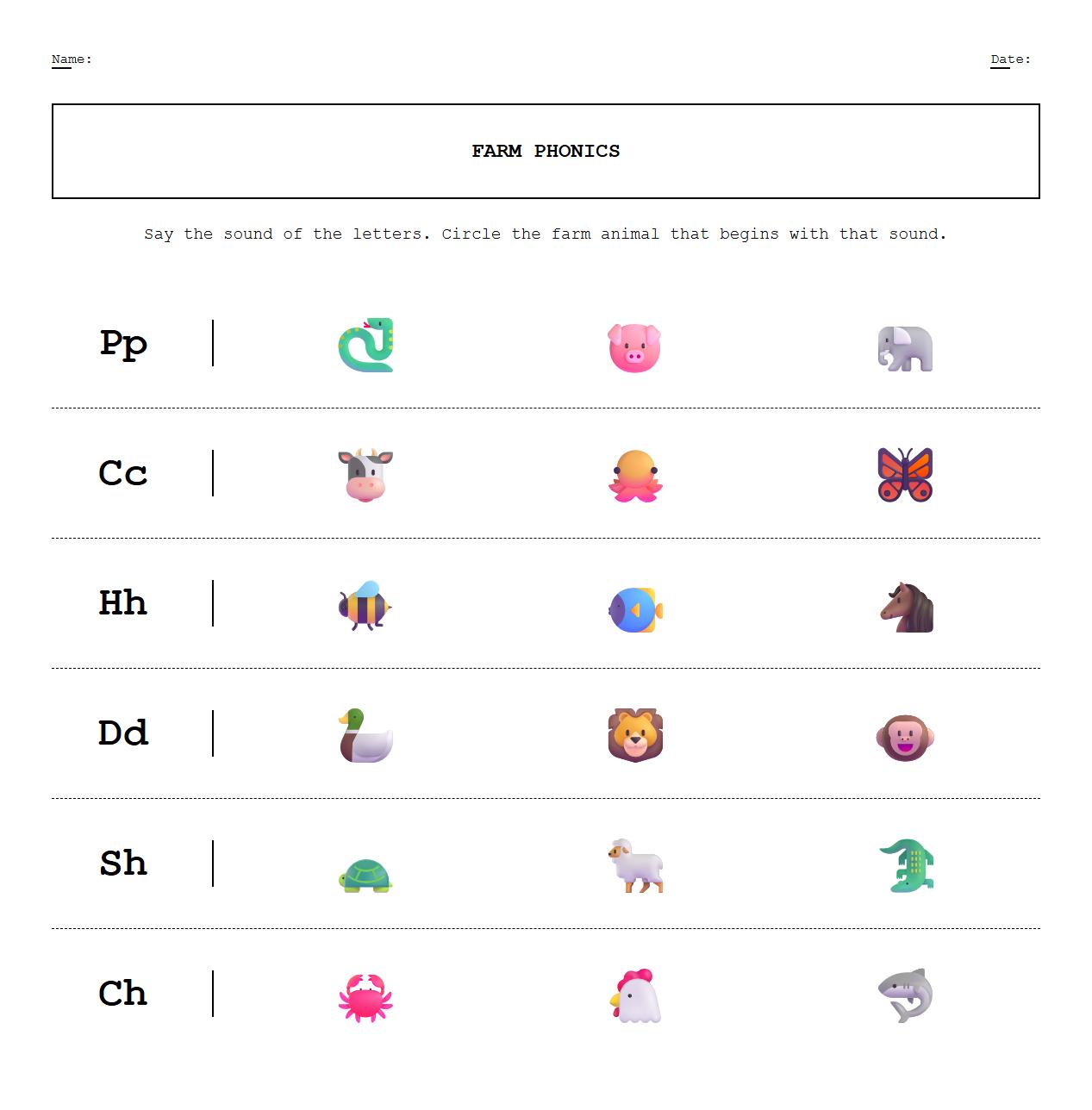 Phonics worksheet circling farm animals based on phonetic cues
