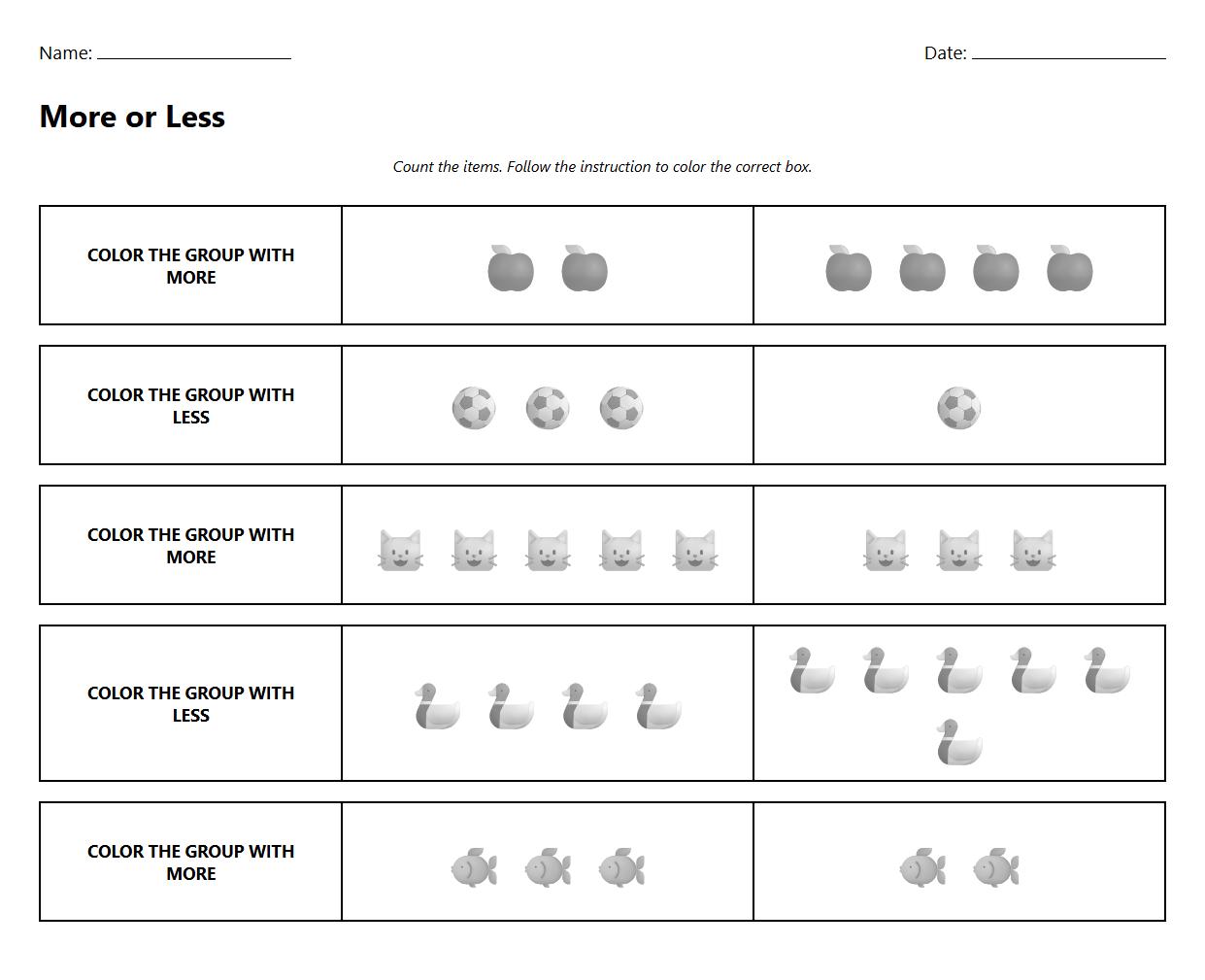 Phonics Worksheet Color the Group with More or Less