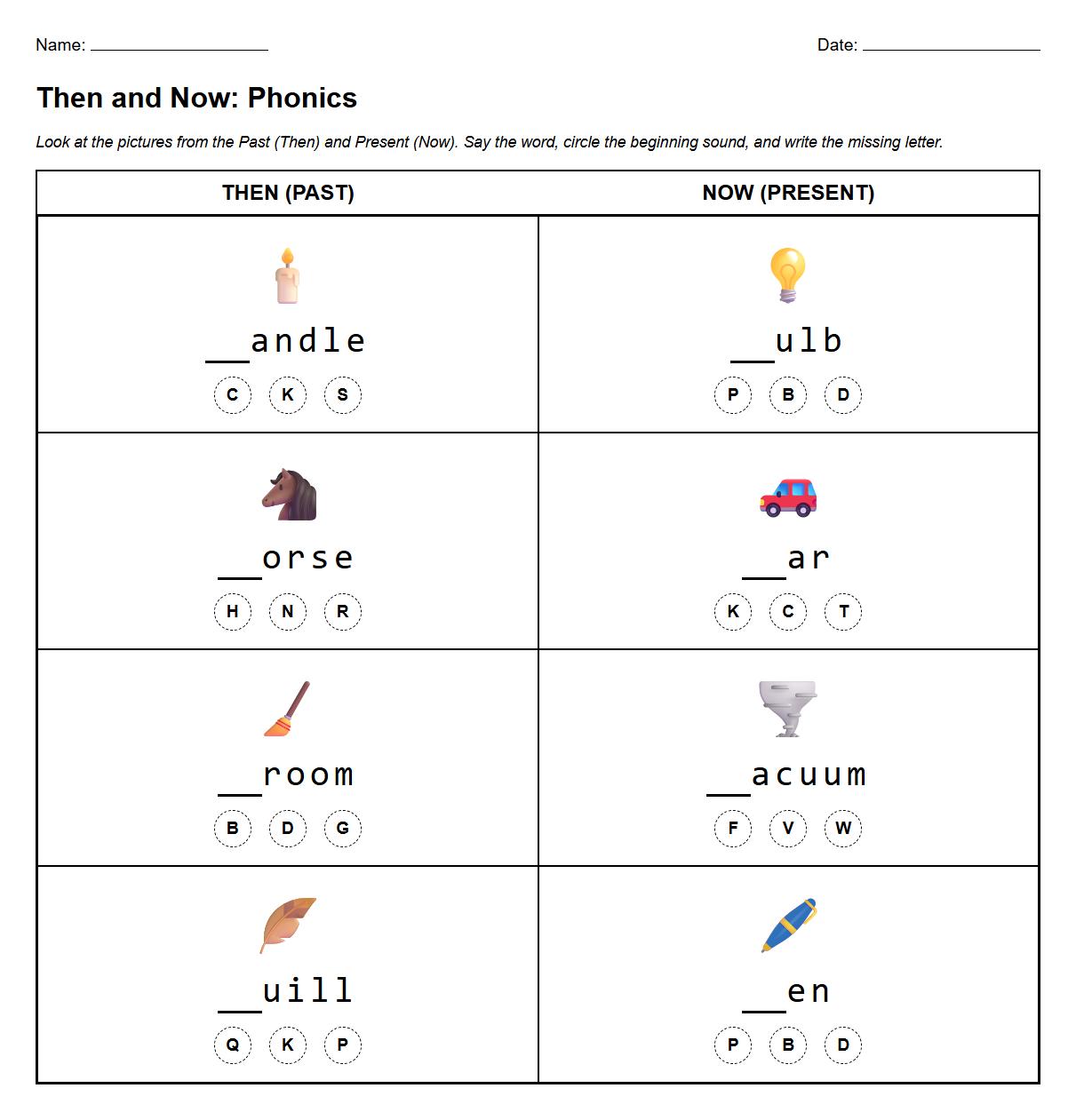 Phonics worksheet using Then and Now themed words