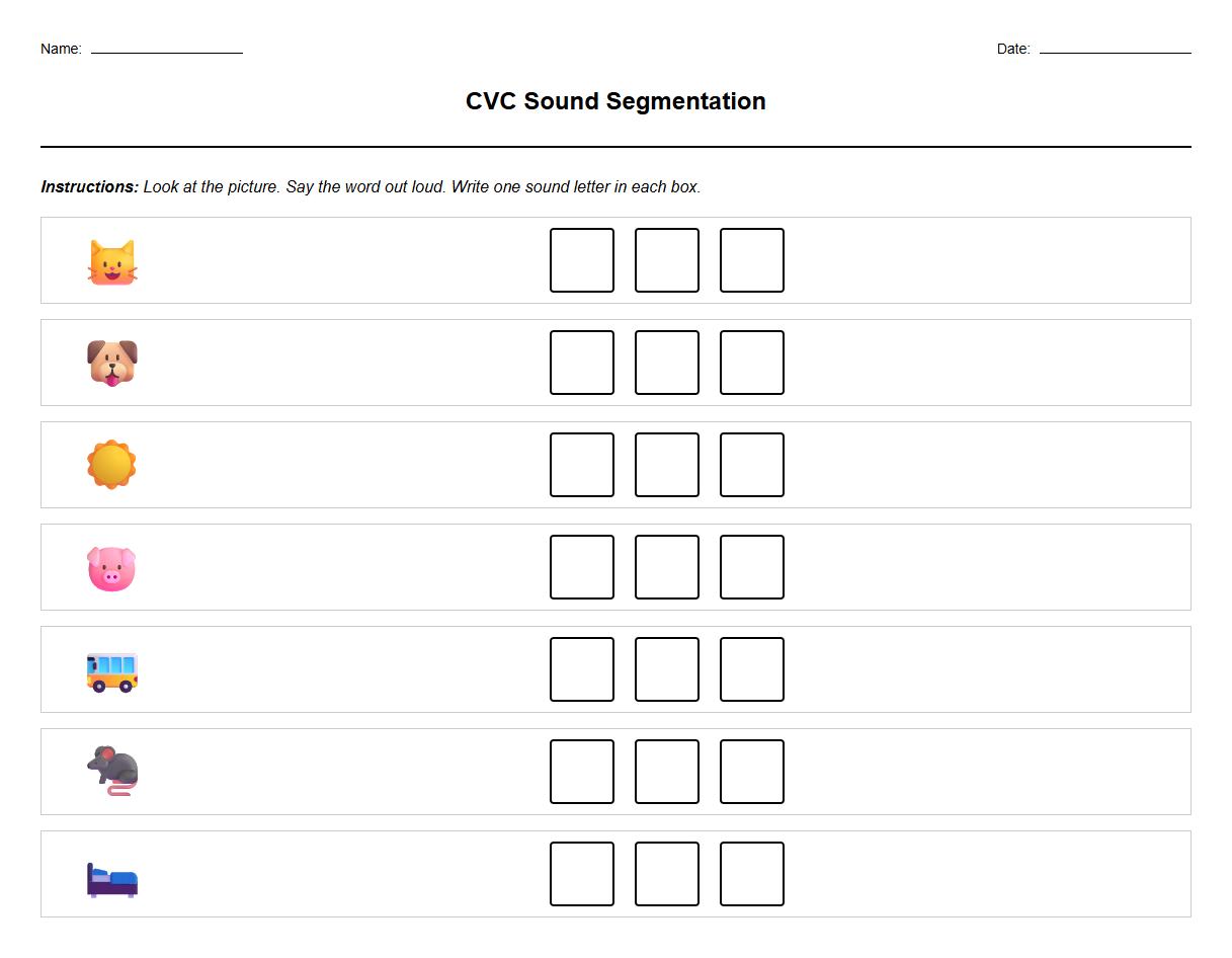 Picture to CVC Sound Segmentation Mapping Worksheet