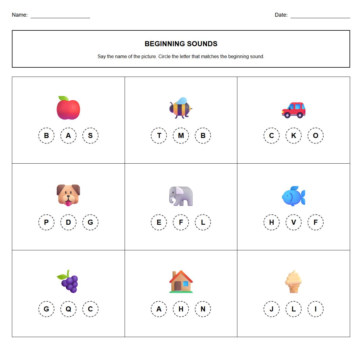 Picture to Letter Sound Association Worksheets