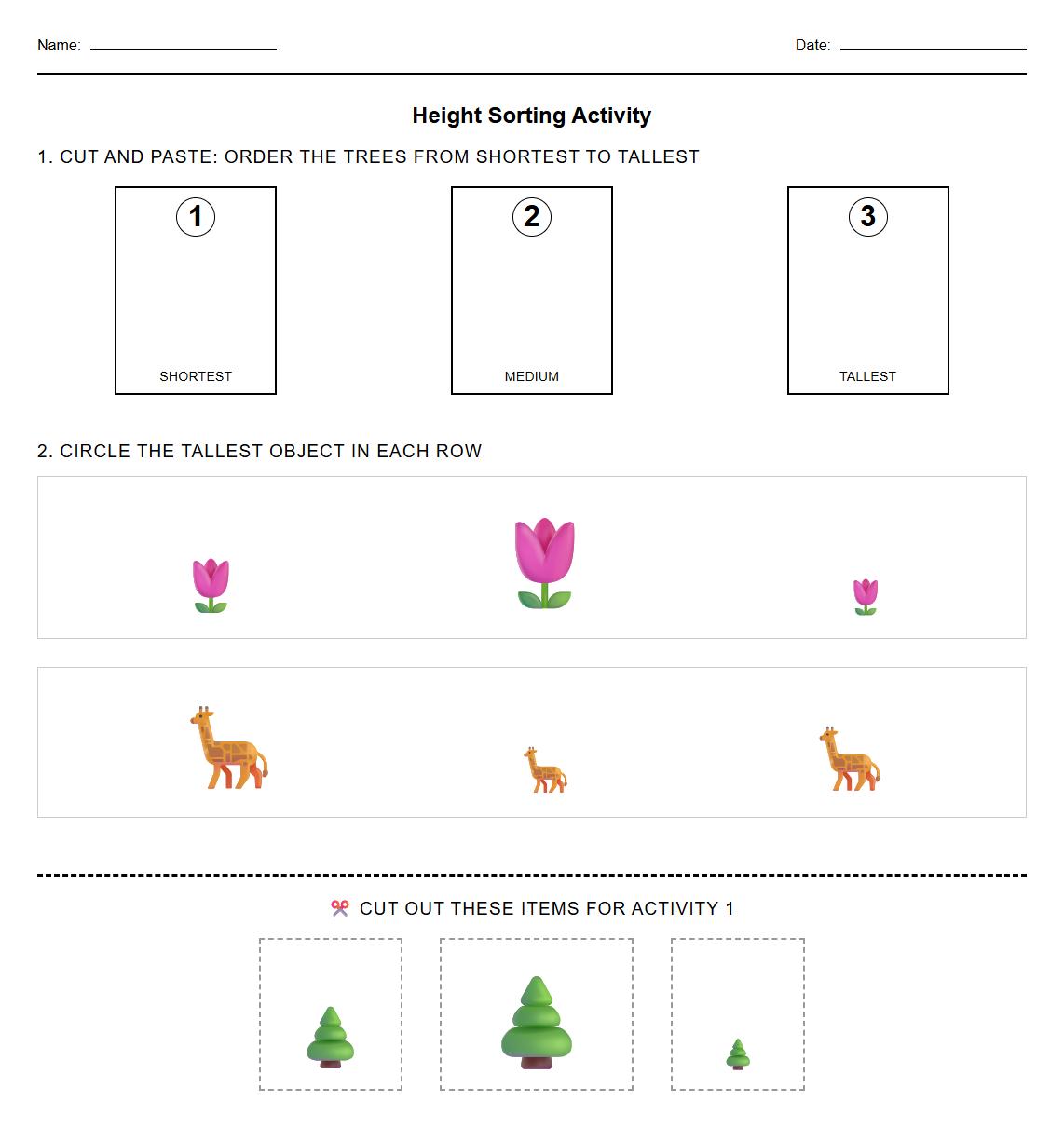 Picture Sorting Height Measurement Exercise for Sequencing Skills