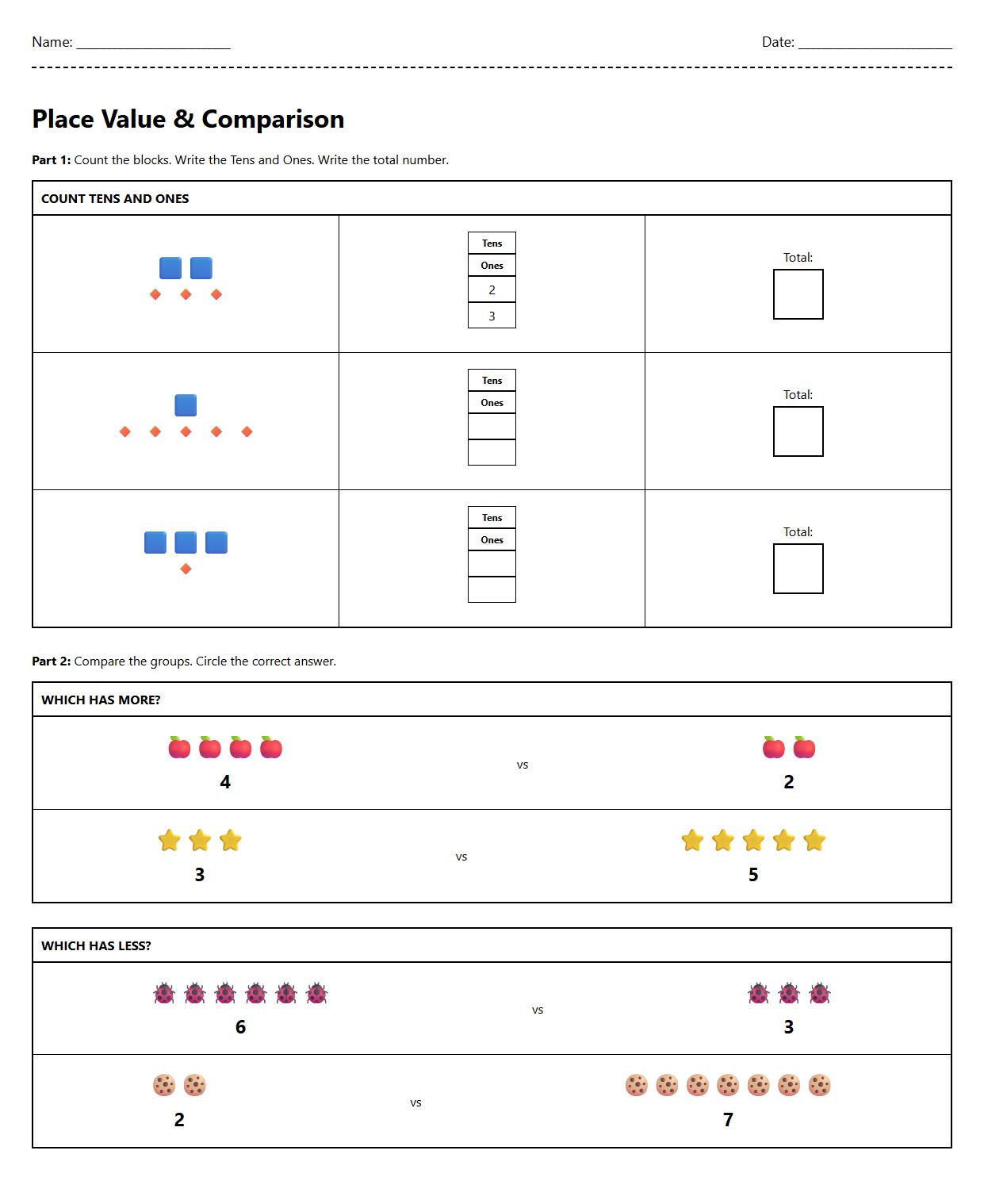 Place Value Chart Counting and Comparison Worksheet for More Versus Less