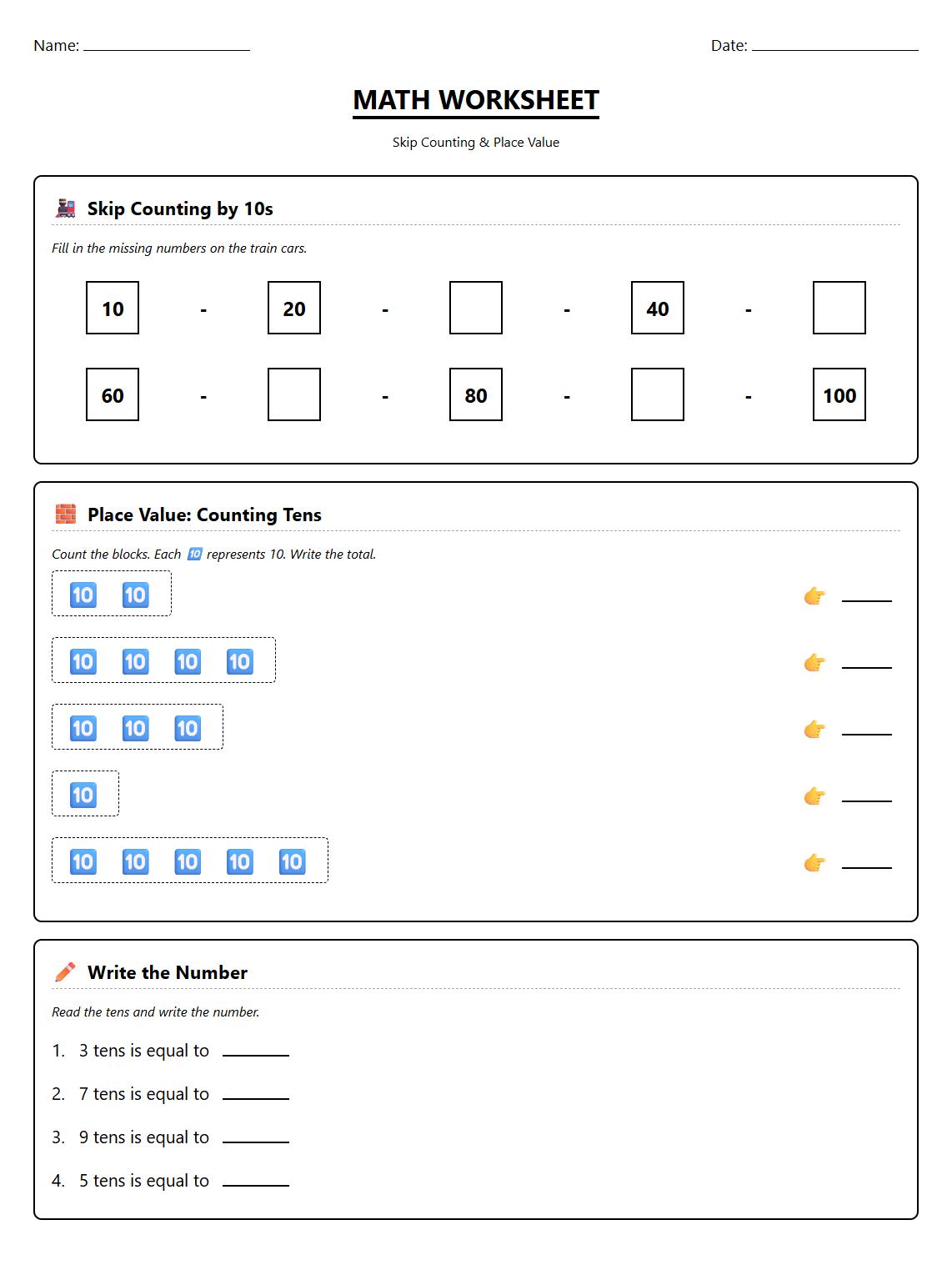 Place Value and Skip Counting by 10s Worksheet