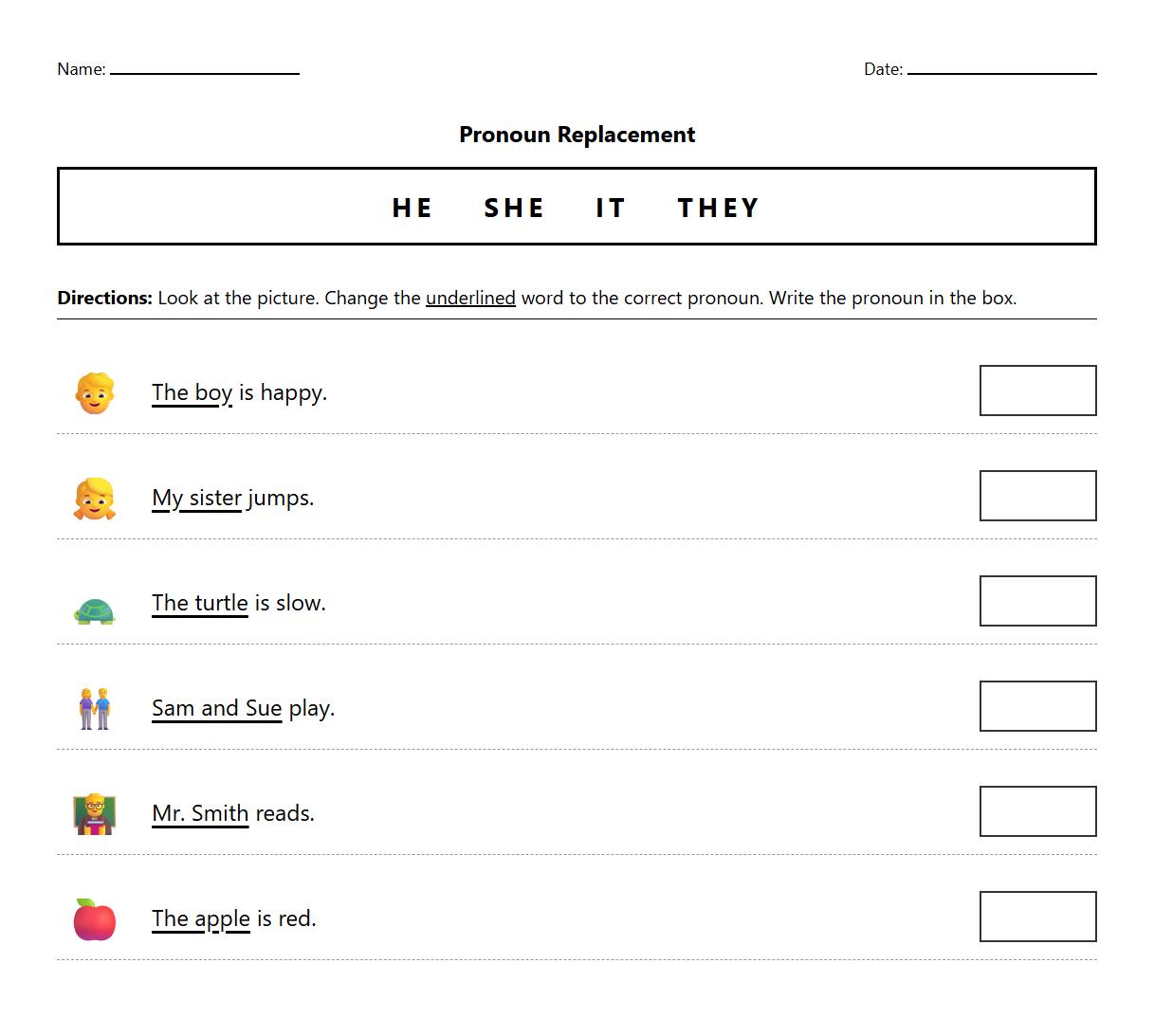 Pronoun Replacement exercises for basic grammar understanding