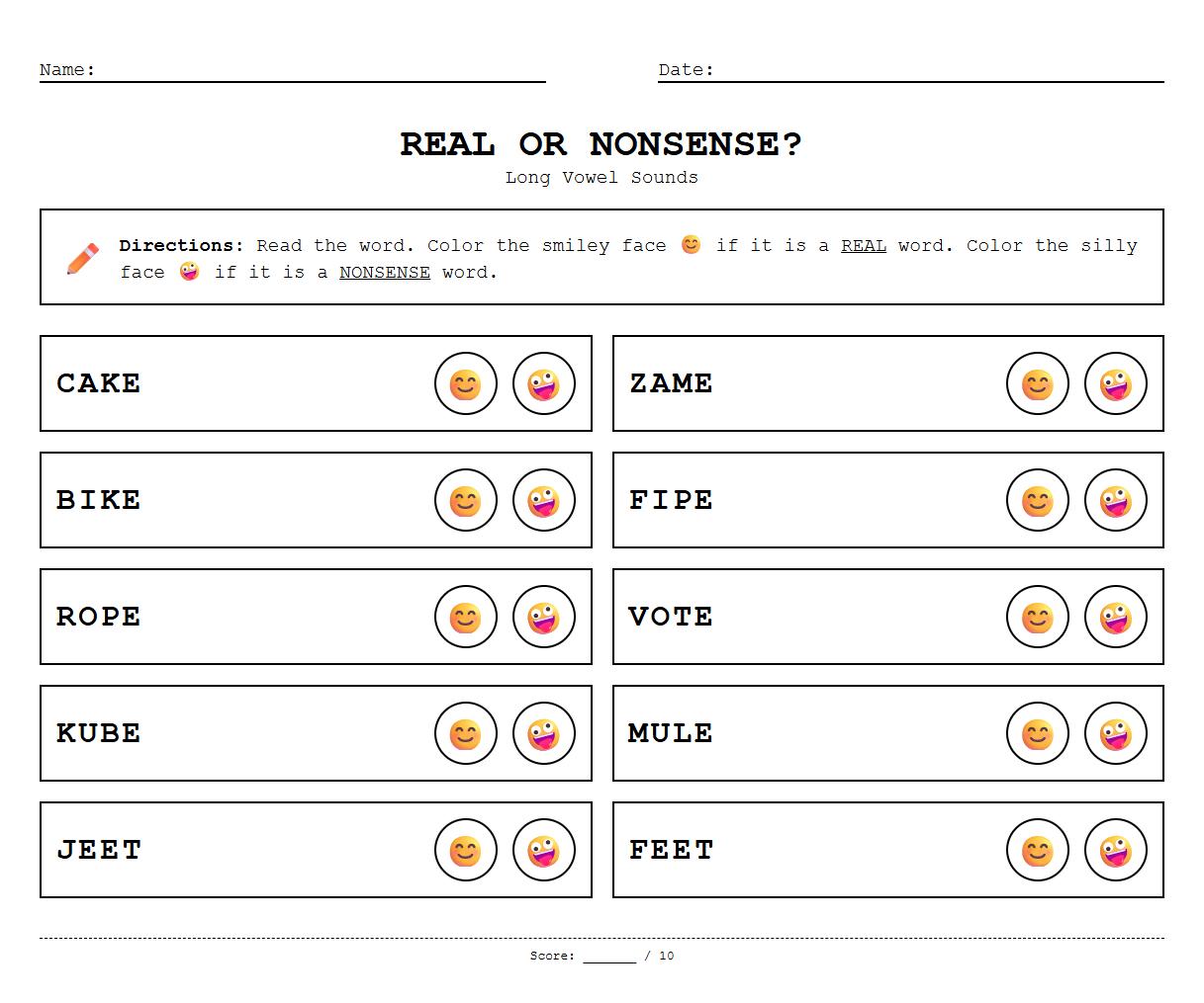 Real or nonsense long vowel word identification task