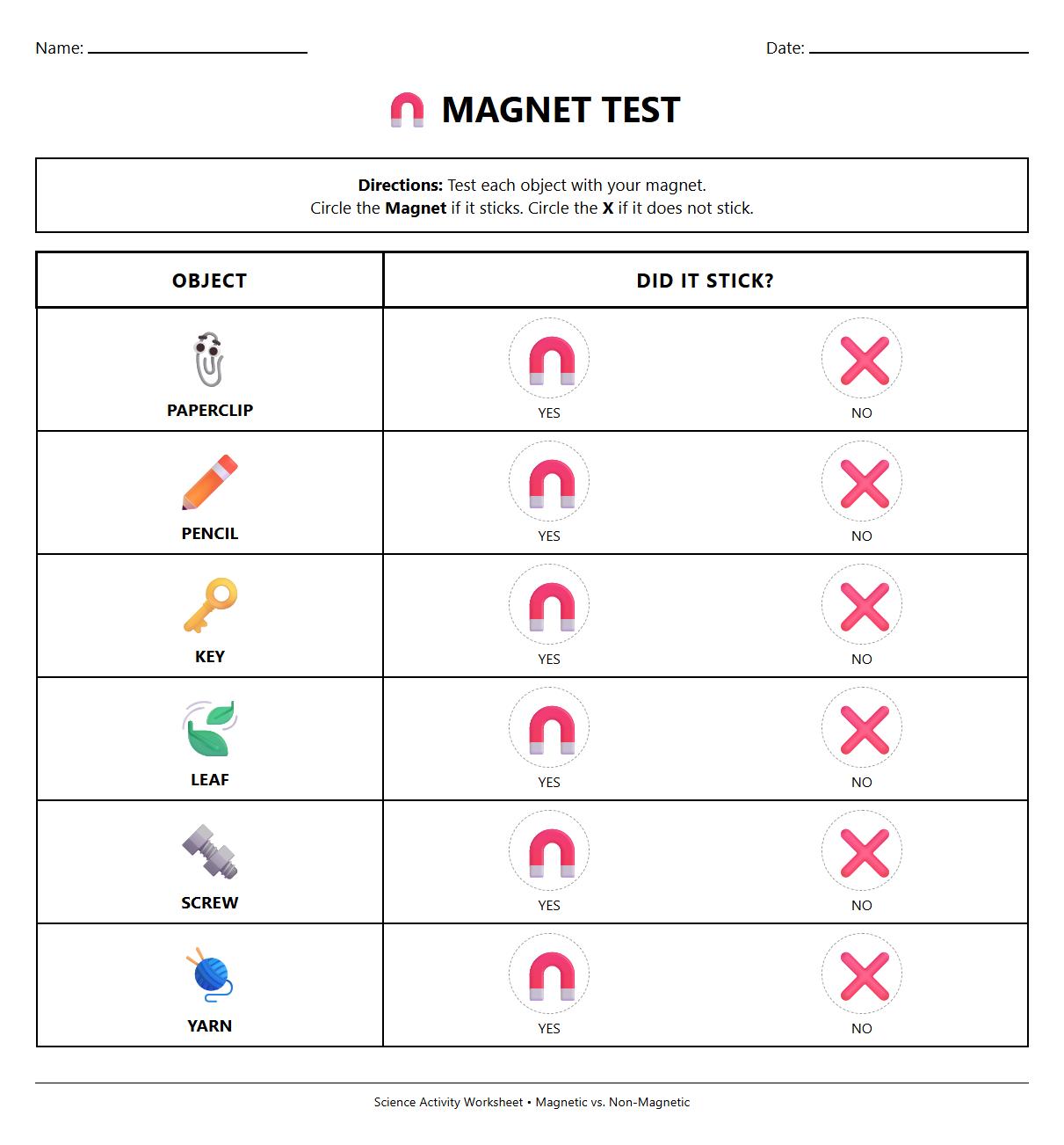 Recording Results of Magnet Tests Worksheet